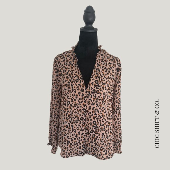 J. Crew Factory | Ruffle-Neck Blouse | Cheetah Print | M - Picture 1 of 6